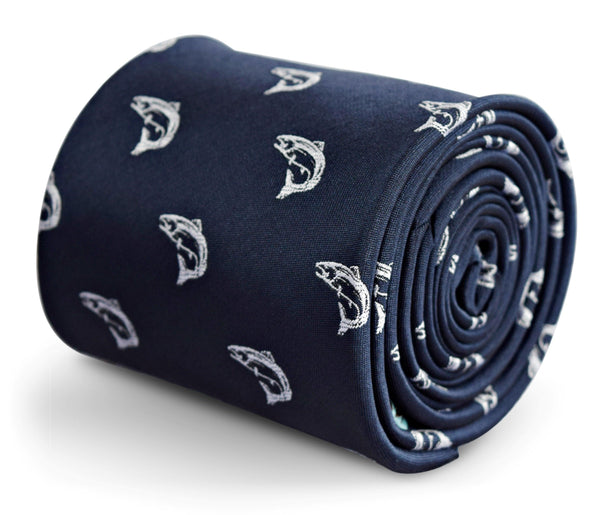 navy tie with trout fish design